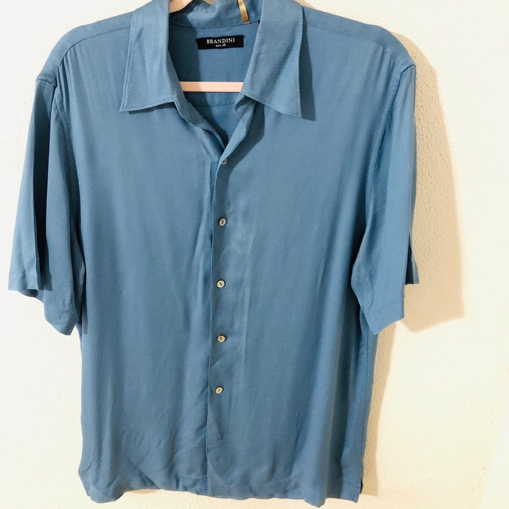 Brandini 100% Silk Blue Button Up Shirt Size Large